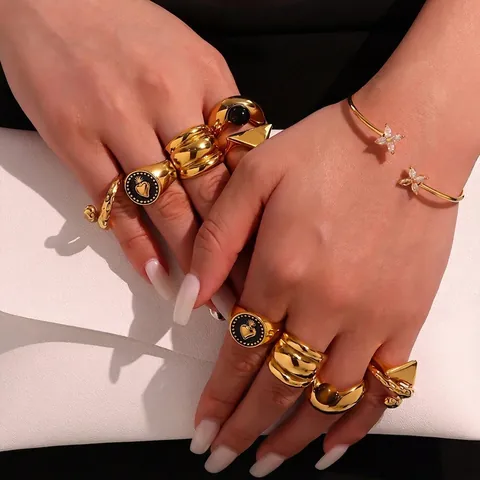 Stainless Steel Geometric Ring For Women Gold Silver Two-Tone Heart Triangle Tiger Eye Agate Stone Adjustable Fashion Ring