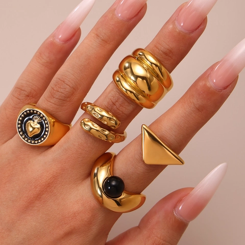 Stainless Steel Geometric Ring For Women Gold Silver Two-Tone Heart Triangle Tiger Eye Agate Stone Adjustable Fashion Ring