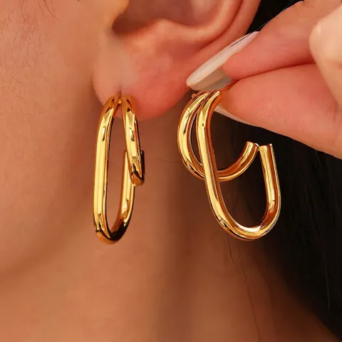Orecchini A Cerchio Doppio Strato In Acciaio Inossidabile Bicolore Geometrici Ovali Intrecciati Gioielli Per Donne INS Trendy