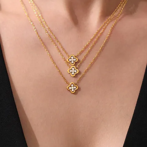 Stainless Steel Four Leaf Clover Necklace And Earrings For Women Luxury Zircon Inlaid Multi Layer Chain Gold Plated Elegant