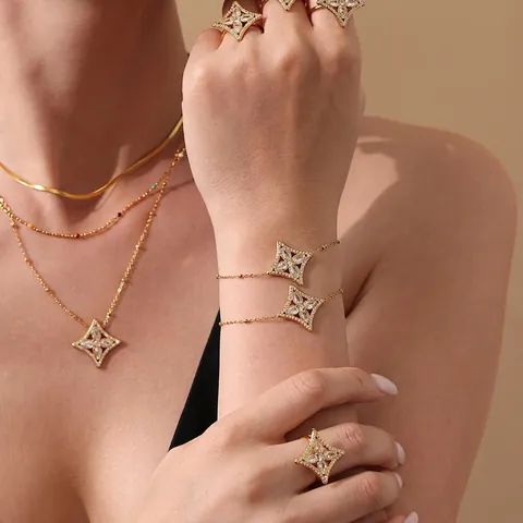 Eleganter Edelstahl Zirkon Stern Blume Halskette Armband Ring Für Damen Funkelnder Mode Minimalistischer Schmuck