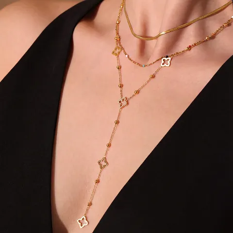 Vierblättriges Kleeblatt Y-Halskette Edelstahl Zirkon Perlen Quaste Layered Fashion Schlüsselbein Kette Schmuck Damen