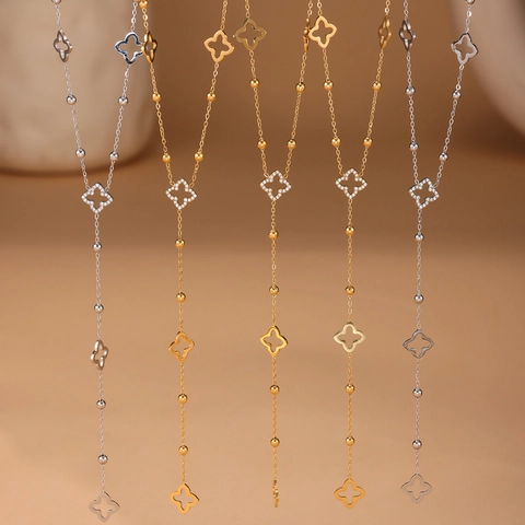 Vierblättriges Kleeblatt Y-Halskette Edelstahl Zirkon Perlen Quaste Layered Fashion Schlüsselbein Kette Schmuck Damen