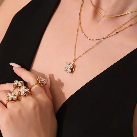 Rotierende Vierblättrige Blume Halskette Ohrringe Ring 18K Vergoldeter Edelstahl Zirkon Klee Elegante Mode Für Frauen