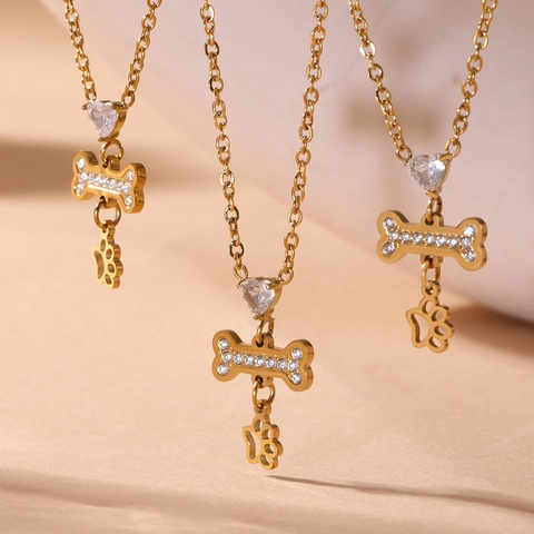 Collar Y Pulsera Con Colgante De Hueso Corazón Huella De Pata Acero Inoxidable Circón 5A Joyería De Moda Mujeres Amantes De Mascotas