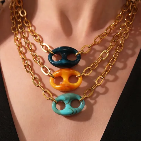 Pig Nose Pendant Necklace Stainless Steel Gold Plated Resin Colorful Anchor Link Retro Trendy Fashion Jewelry For Women