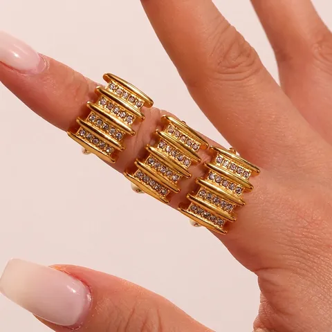 Stainless Steel Geometric Multi Row Zircon Ring Open Adjustable Fashion Jewelry For Women