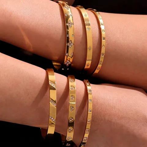 Bracciale Rigido In Acciaio Inossidabile Minimalista Con Zirconi Motivo Geometrico Stella Cuore Trifoglio Gioielli Donna