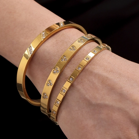 Bracciale Rigido In Acciaio Inossidabile Minimalista Con Zirconi Motivo Geometrico Stella Cuore Trifoglio Gioielli Donna