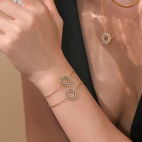 Double Ring Pendant Necklace And Bracelet Stainless Steel Zircon Gold Plated Minimalist Chic Jewelry For Women
