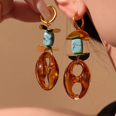 Pendientes Colgantes Geométricos Bohemios Vintage Con Acero Inoxidable Turquesa Sintética Y Resina De Color Ámbar Para Mujeres