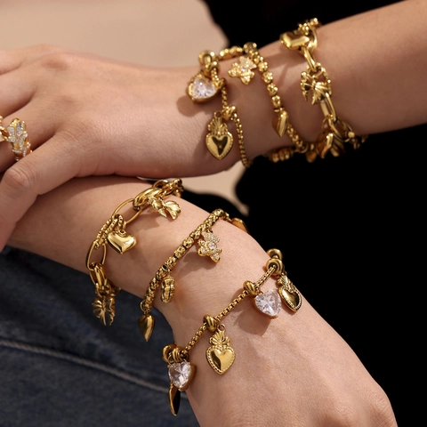 Fashion Stainless Steel Multi-Charm Bracelet For Women Heart Star Teddy Bear Zircon Pendant Gold Silver Adjustable Bracelet Jewelry