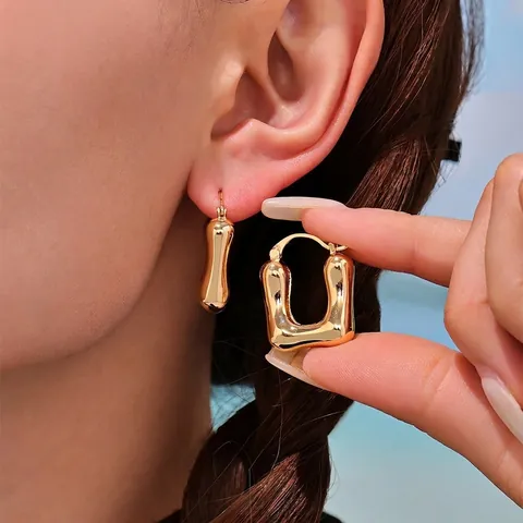 Chunky U-Shaped Hoop Earrings High Polish Copper Geometric Minimalist Modern Style Ear Jewelry For Women