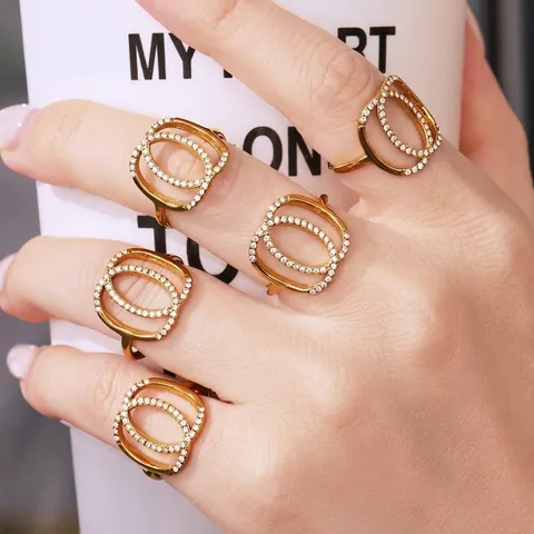 Anillo Abierto Geométrico Círculos Superpuestos Acero Inoxidable Zircón 5A Ajustable Joyería De Lujo Para Mujer