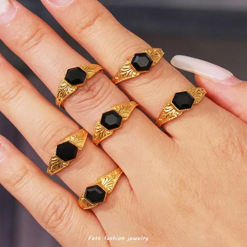 Vintage Stainless Steel Ring With Hexagonal Natural Black Stone Geometric Embossed Texture Retro Jewelry For Women