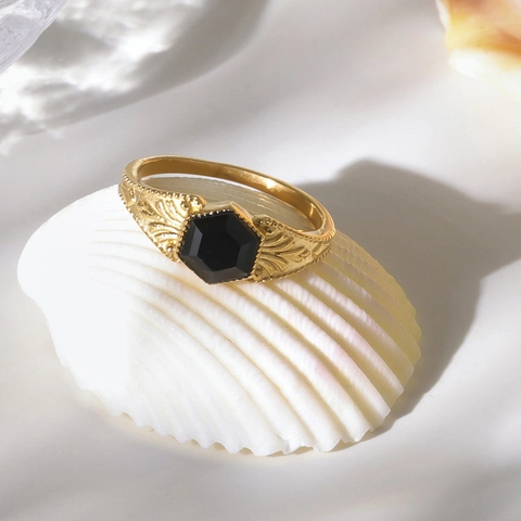 Vintage Stainless Steel Ring With Hexagonal Natural Black Stone Geometric Embossed Texture Retro Jewelry For Women