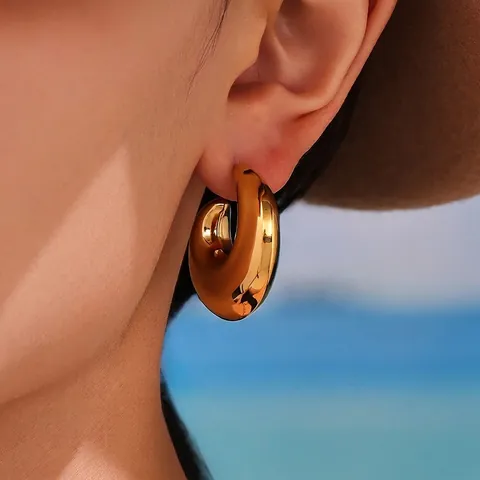 Chunky C-Hoop Earrings Stainless Steel 18K Gold Plated Hollow Geometric Croissant Tarnish Free Minimalist Women Jewelry