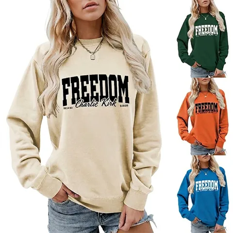Sweat-Shirt À Col Rond Imprimé Freedom Manches Longues Mélange De Coton Pull Décontracté