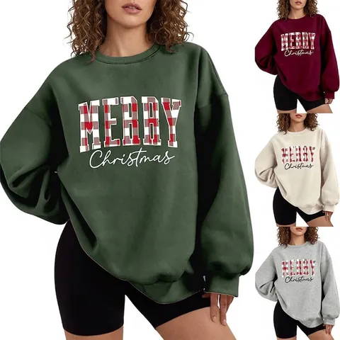 Dames Kerst Ruitjes Letterprint Sweatshirt Katoenmix Verdikte Fleece Gevoerd Oversized Ronde Hals Casual Feestelijke Lange Mouwen Pullover
