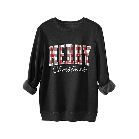 Dames Kerst Ruitjes Letterprint Sweatshirt Katoenmix Verdikte Fleece Gevoerd Oversized Ronde Hals Casual Feestelijke Lange Mouwen Pullover