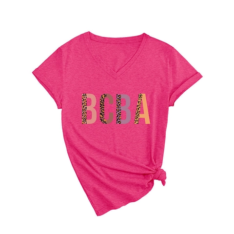 Maglietta da Donna Casual Scollo a V Manica Corta Stampa Leopardata Lettera BCBA Misto Cotone Top Moda Pendolare