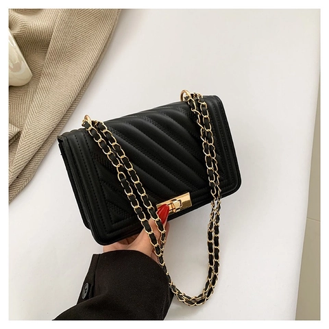 Women Quilted PU Leather Shoulder Bag Fashion Chevron Metal Chain Crossbody Flap Handbag With Square Lock Elegant Small Square Bag