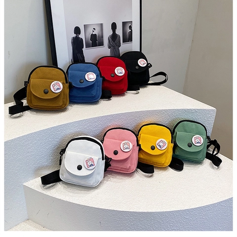 Mini Canvas Crossbody Bag For Women Cute Cartoon Rabbit Badge Small Square Shoulder Bag Casual Mobile Phone Bag Adjustable Strap