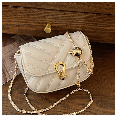 Women Shoulder Crossbody Bag PU Leather V-Quilted Chevron Pattern Gold Horseshoe Buckle Chain Strap Small Square Bag