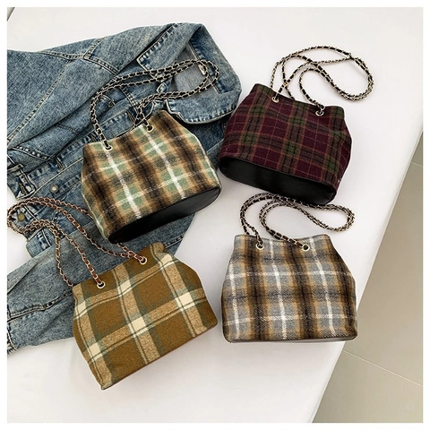 Damen Wolle Karo Eimer Tasche Vintage Britischen Stil Schultertasche Mit Metallkettenriemen Herbst Winter Große Kapazität