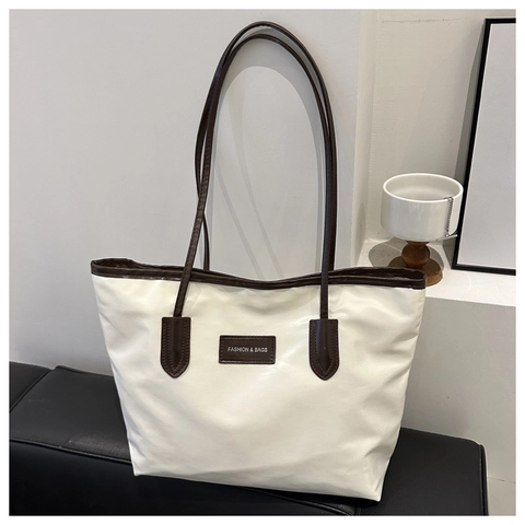 Bolso Tote de Nailon de Gran Capacidad para Mujer Color de Contraste Bolso de Hombro Casual Urbano Con Cierre de Cremallera