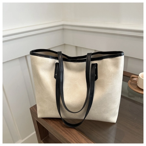 Women Vintage Large Capacity Tote Bag Minimalist PU Leather Contrast Color Shoulder Bag Office Commuter Elegant Handbag