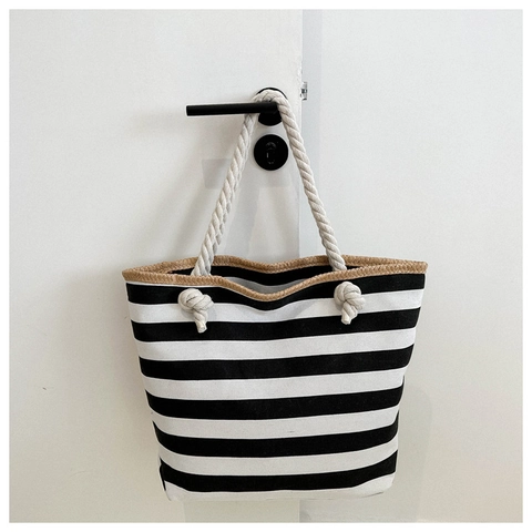 Bolso Tote De Lona A Rayas Con Asa De Cuerda De Algodón Bolso De Hombro De Playa Náutico Informal Para Mujeres