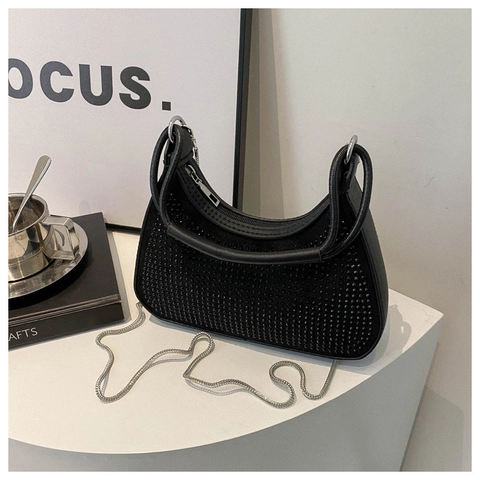 Rhinestone Hobo Underarm Bag Sparkling PU Leather Evening Shoulder Bag With Chain Strap For Women Fashion