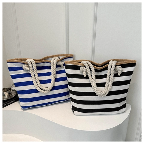 Bolso Tote De Lona A Rayas Con Asa De Cuerda De Algodón Bolso De Hombro De Playa Náutico Informal Para Mujeres