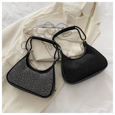 Rhinestone Hobo Underarm Bag Sparkling PU Leather Evening Shoulder Bag With Chain Strap For Women Fashion