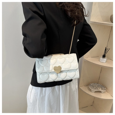 Dames Hart Gewatteerde Ketting Schoudertas PU Leer Crossbody Kleine Vierkante Tas Met Hartvormig Slot Mode Dagelijks