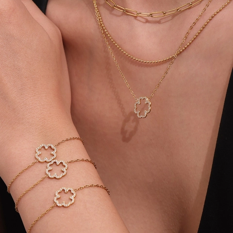 Hollow Four Leaf Clover Flower Necklace Bracelet Earrings Stainless Steel Zircon Inlaid Elegant Luxury Jewelry For Women