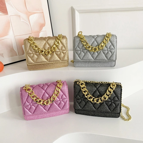Quilted Square Shoulder Bag Glitter PU Leather Gold Chain Flap Crossbody Handbag For Women Elegant Evening Party