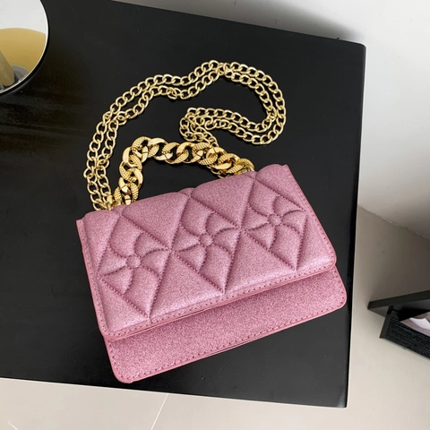 Quilted Square Shoulder Bag Glitter PU Leather Gold Chain Flap Crossbody Handbag For Women Elegant Evening Party