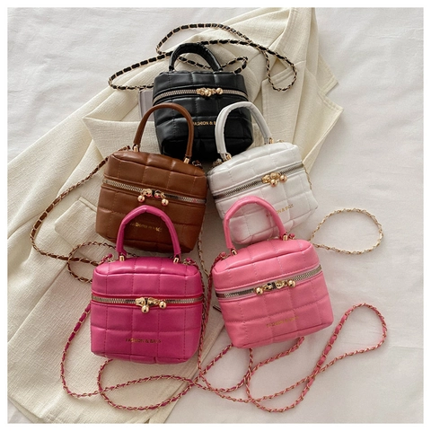 Mini Borsa A Scatola Trapuntata In Pelle PU Con Manico Catena Dorata Doppia Cerniera Tracolla Moda Donna