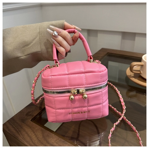 Mini Borsa A Scatola Trapuntata In Pelle PU Con Manico Catena Dorata Doppia Cerniera Tracolla Moda Donna