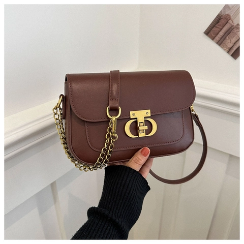 Vintage Women Shoulder Crossbody Bag PU Leather Small Square Bag With Chain Strap Metal Lock Daily Commute Fashion Bag