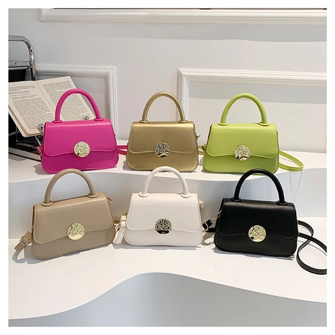 Women Shoulder Crossbody Bag PU Leather Gold Circular Buckle Flap Top Handle Adjustable Strap Modern Urban Style