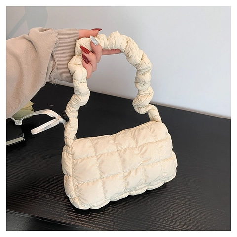 Women Quilted Shoulder Bag Ruched Handle Cloud Underarm Bag Fluffy Padded Fabric Casual Handbag With Bow Decor For Daily
