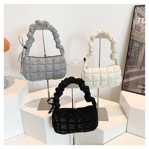 Women Quilted Shoulder Bag Ruched Handle Cloud Underarm Bag Fluffy Padded Fabric Casual Handbag With Bow Decor For Daily