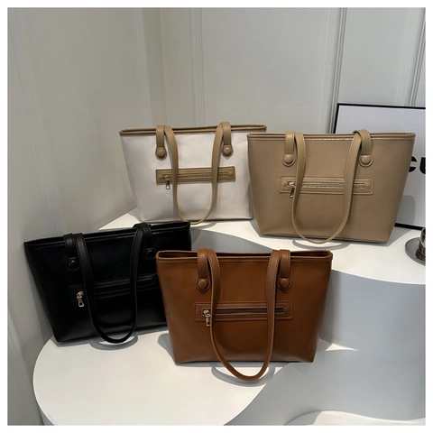 Minimalist Large Capacity Women Tote Bag PU Leather Vintage Solid Color Shoulder Bag With Front Zipper Pocket Commute Handbag