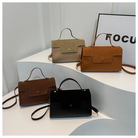 Women Shoulder Bag PU Leather Suede Stitching Small Square Handbag Retro Minimalist Crossbody Bag With Adjustable Strap