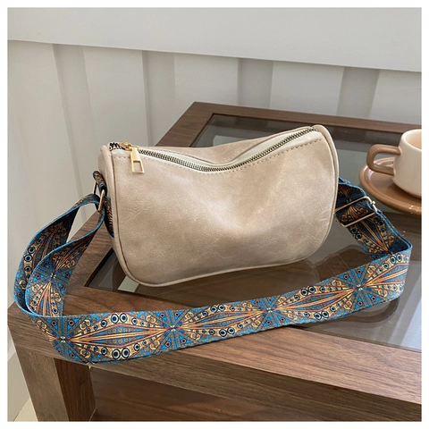 Bolso de Hombro Vintage de Cuero PU para Mujer Forma Almohada Con Correa Ancha Patrón Geométrico Bohemio Bolso Bandolera Pequeño