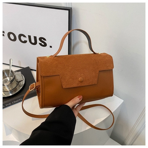 Women Shoulder Bag PU Leather Suede Stitching Small Square Handbag Retro Minimalist Crossbody Bag With Adjustable Strap