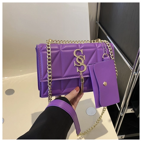 Gesteppte PU Leder Umhängetasche Goldkette Quaste Metall Dekor Crossbody Tasche Mit Passender Mini Geldbörse Elegant Trendy